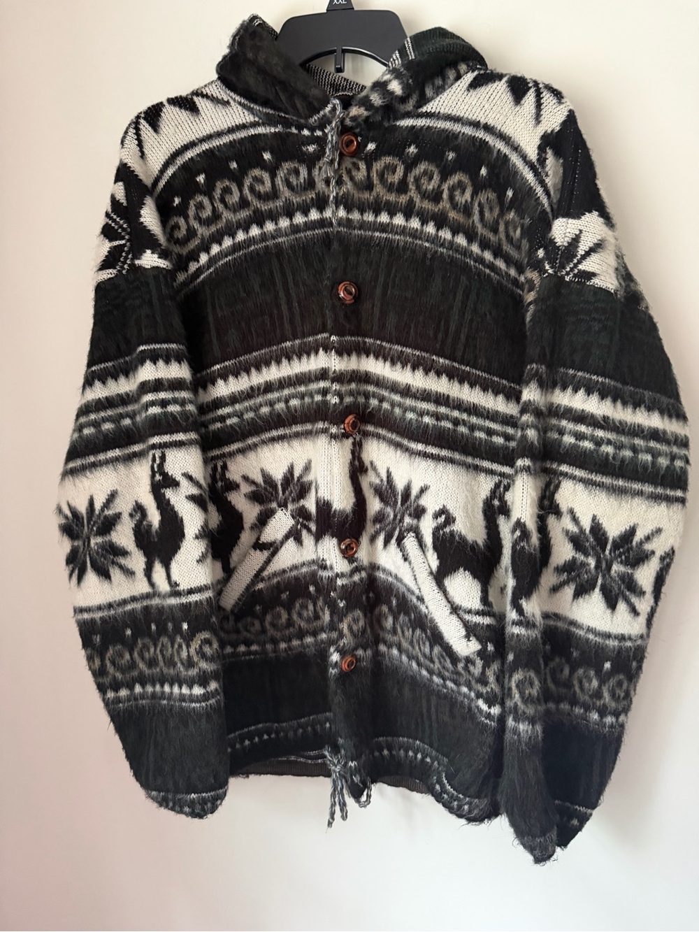 Tehidos Huinay Ecuador 100% Wool Hooded Sweater Jacket L Black Ivory Llama